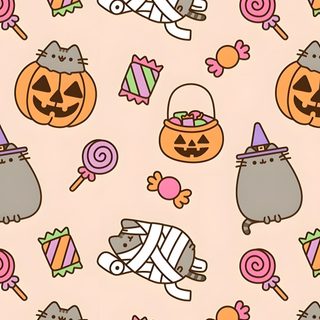 a halloween themed wallpaper with candy, candies and pumpkins on pink background Aesthetic Halloween Pusheen Candy Corn Cat, Cute Kawaii Halloween, Pushers Halloween, blanched almond