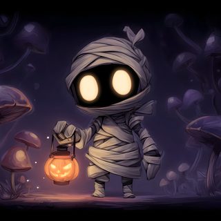 a cartoon character holding a lantern in front of some mushrooms with glowing eyes on them Halloween Mummies Pc Halloween, 1920x1080 Halloween, Engine Halloween, Halloween Pc, Chibi Mummy, black