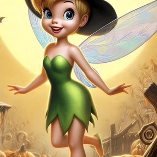 a cartoon tinkerbell dressed as a witch in front of a full moon with pumpkins Tinkerbell Halloween peru