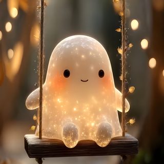 a stuffed ghost is sitting on a swing in the middle of leaves and lights behind it Kawaii Halloween Gif Halloween, dark olive green