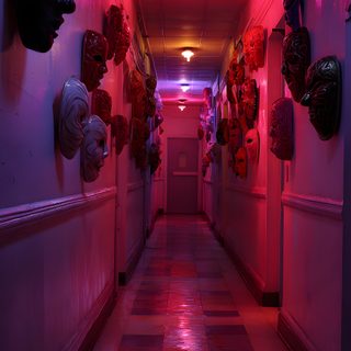 a long hallway with red lights and masks on the wall Halloween Hallway Horror Escape Room Design, Evil Party, Haunted Fair, Dark Red Lighting, maroon