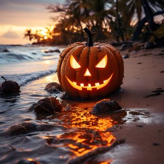 a carved jack o lantern sitting on top of a beach next to the ocean at sunset Beach Halloween Halloween Summer, Summer Halloween, Happy Halloween Aesthetic, October Beach, dark slate gray