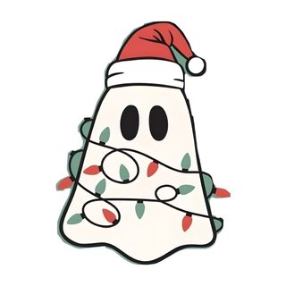 a white christmas bell with a santa hat on it's head and lights around its neck Cute Halloween And Christmas Dark, Easy Drawings, Door Decorations, Ghost, Drawings, white