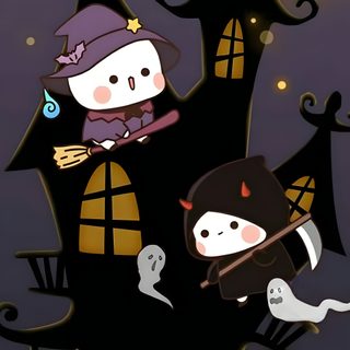 two little kids dressed up as witches in front of a house at night with the moon behind them Bubu Dudu Halloween Bubu Dudu Halloween, Milk And Mocha Bear Halloween, Milk Mocha Halloween, dark slate gray