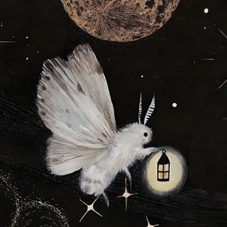 a drawing of a white bird flying in front of the moon with stars and a house on it Halloween Moth Moth Background Aesthetic, Gothic Faries, Dark Fantasy Moth, Moth Backgrounds, black