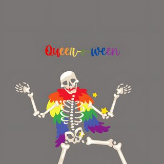 a skeleton is dancing with the words queen - we are Gay Halloween Halloween Costume Inspiration, Pride Month Decoration Ideas, Queer-o-ween Celebration Art, dim gray