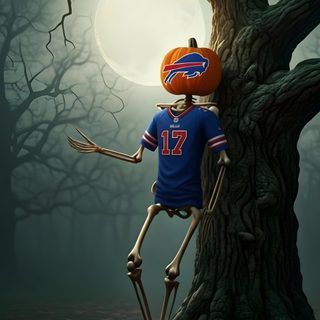 a skeleton in a blue shirt is standing next to a tree with a soccer ball on it Buffalo Bills Halloween Buffalo Bills Iphone, Buffalo Bills Phone, Buffalo Bills Thanksgiving, dark slate gray