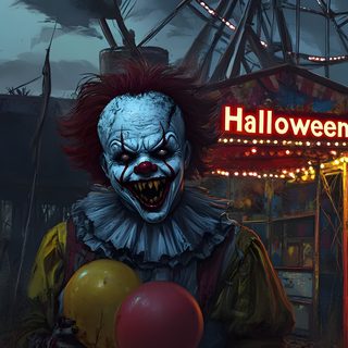 a creepy clown holding a balloon in front of a carnival ride with a ferris wheel Clown Halloween Halloween Circus Background, Art The Clown Hd, Horror Scary, Scary Halloween Iphone, black