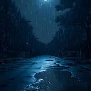 a full moon shines in the night sky above a wet street with puddles Rainy Halloween Night Sky Beautiful Night Rain Moon, Beautiful Rain Moon, Rain And Moon, midnight blue