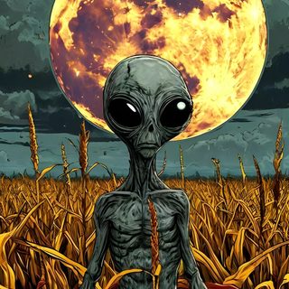 an alien standing in the middle of a corn field with a full moon behind it Alien Halloween Alien Iphone, Extraterrestrial, Aliens Iphone, Alien Art Drawing, dark olive green