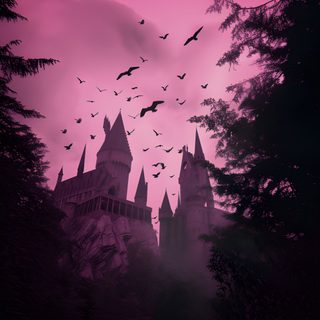 birds flying in the sky over a castle with bats on it's spires Pink Halloween Macbook Castle With Birds Flying At Sunset, Fantasy Art Background Ideas, Fantasy Castle Silhouette, black