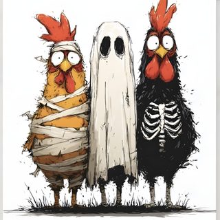 three chickens dressed up in halloween costumes, one with a skeleton wrapped around his body Halloween Chicken Cute Monsters, Chicken Painting, Cartoon Character Design, Animal Illustration, linen