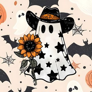 a halloween background with pumpkins, bats and a scarecrow wearing a cowboy hat Halloween Cowgirl Autumn Halloween Decor, Cute Halloween Ghost With Sunflower, Diy Halloween Decorations, antique white
