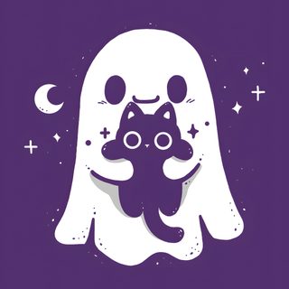 a purple and white illustration of a ghost with a cat on it's back Cute Halloween Purple Ghost Cute Cat Ghost, Cute Ghost Cat, Spooky Cat Art, Cat Ghost, dark slate blue