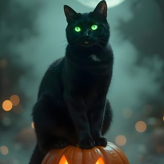 a black cat sitting on top of a jack o lantern pumpkin in front of a full moon Free Halloween Cat Halloween Cat Screensaver, Black Cat With Pumpkin, Halloween Black Cat Background, dark slate gray