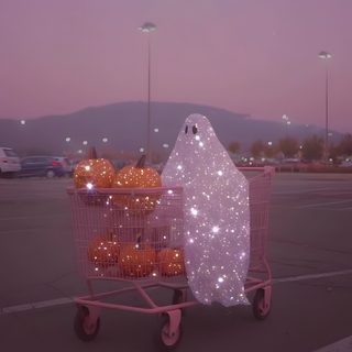 a shopping cart filled with oranges sitting on top of a parking lot at night Cute Glitter Halloween Halloween Backgrounds, Glitter Photography, Halloween Cute, Halloween Iphone, dim gray