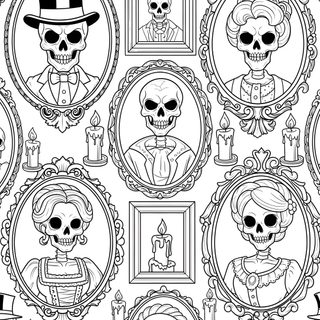 a black and white pattern with skulls in frames Halloween Family Cameos Halloween Coloring Patterns, Creepy Coloring Pages, Spooky Colouring Pages, white