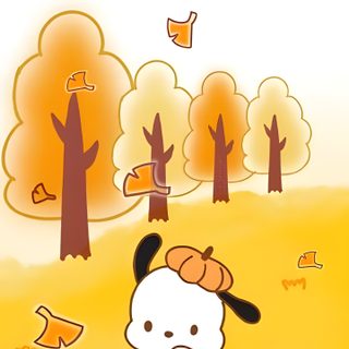 a cartoon dog is sitting in the grass Pochacco Halloween Fall Theme Hello Kitty, Fall Pochacco, Pochacco Fall, Fall Sanrio, khaki