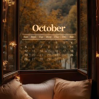an image of a window with candles and tea set on the bed in front of it October 2025 Calendar Halloween Fall Calendar, October 2025, October 2024, October 2024 Iphone, saddle brown