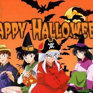 happy halloween anime with witches and bats in the background, all dressed up for halloween Inuyasha Halloween Inuyasha Witch, Halloween, Inuyasha, chocolate