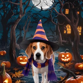 a dog wearing a witches hat and scarf in front of pumpkins with jack - o'- lanterns Cute Beagle Halloween Beagle Fall, Autumn Beagle, Beagle Autumn Background, dark slate gray