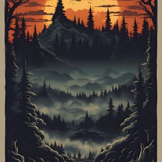 an image of a mountain landscape with trees and fog in the foreground at sunset Halloween Mountain Halloween Yard Signs, Outdoor Living Furniture, Halloween Yard, dark slate gray