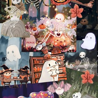 halloween collage with ghost, pumpkins and other things on it's surface Halloweencore dim gray