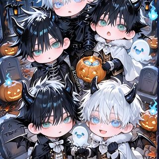 some anime characters are dressed up in costumes and holding pumpkins at the same time Jujustu Kaisen Halloween 4k Jujutsu, Black, Anime Drawings, Anime Guys, Drawings, Manga, dim gray