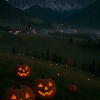 three carved pumpkins sitting on top of a grass covered field at night with mountains in the background Halloween Mountain Halloween Nature, Halloween Forest Aesthetic, Halloween Aesthetic Landscape, black