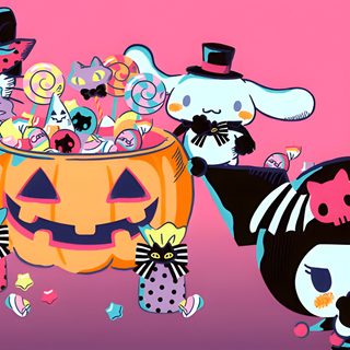an image of halloween cats and pumpkins with candy in the bowl on pink background Cute Halloween Gif Hello Kitty Halloween, Halloween Desktop, Halloween Iphone Backgrounds, pale violet red
