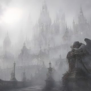 an angel statue sitting on top of a stone bench in front of a gothic castle Gothic Halloween All Gray Grey By Angel Art Composition, Angel Background, Chrome, Tablet,