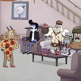 cartoon characters are sitting on couches in a living room with balloons and pumpkins Regular Show Halloween Regular Show, Adventure Time Anime, Princess Bubblegum, silver
