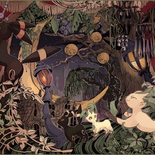 an image of a woman surrounded by animals and other things in the forest with trees Leafeon Halloween Umbreon Pmd, Dark Academia Pokemon, Victorian Pokemon, Pokemon Woods, dark olive green
