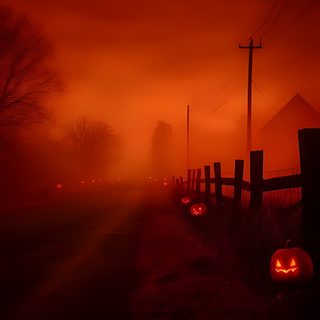 pumpkins glowing in the dark on a foggy night Red Halloween Aesthetic maroon