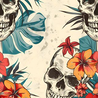 two skulls with flowers and leaves on a white background seamless wallpaper or fabric Halloween Tropical Catrina Pattern, Beach Halloween, Summer Skull, Screensavers And, Summer Ween, burlywood