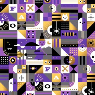 an abstract pattern in purple, yellow and black with various objects on it's surface Geometric Halloween Halloween Pattern Graphic Products, Halloween Pattern Design, Geometric Halloween, dim gray