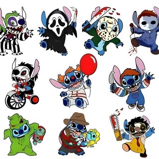 the cartoon characters are all dressed up for halloween Stitch Halloween Ghostface Stitch Halloween Tattoo Ideas, Halloween Stitch Tattoo Ideas, Stitch Horror Characters, white