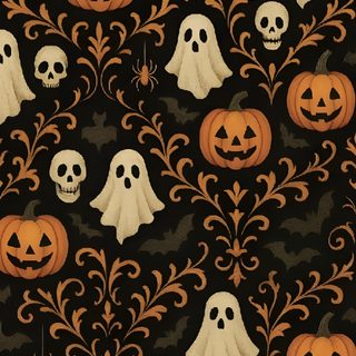 a black background with pumpkins and ghost heads Halloween Fair Isle black