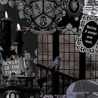 a collage of halloween images including an umbrella, books, and other things in black and white Halloween Addams Family Adam Family, Addams Family Background Images, Addams Family 1991, dark slate gray