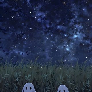 two ghost heads sitting in the grass under a night sky filled with stars and clouds Halloween Ghost For Bedroom Matching Halloween, Ghost Iphone, Ghost Phone Aesthetic, Spooky, midnight blue