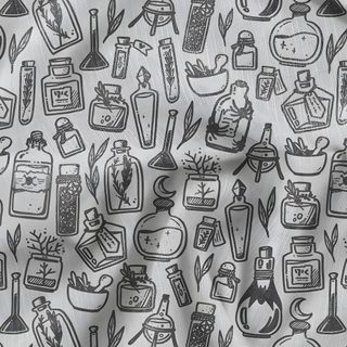 a black and white photo of kitchen utensils on a tablecloth with an image of cooking utensils in the background Halloween Magic Potions Light Greysmall Potion Pattern, Love Potion Fabric, Magic Potion Fabric, dark gray