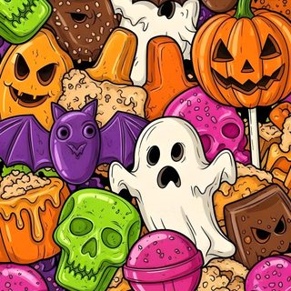 an image of halloween treats with skulls and pumpkins on the side, all in different colors Halloween Candy Design Halloween Slime, Halloween Candy Background Images, Bright Halloween, sienna