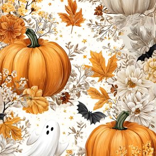 pumpkins and flowers on a white background with blackbirds, bats and other autumn decorations Free Fall Halloween burlywood