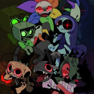 an image of some cartoon characters on a dark background Halloween Dandys World Dandys World Characters Twisted Fanart, Fanart Dandys World Fanart, Dandys World Characters Fanart Cosmo, black