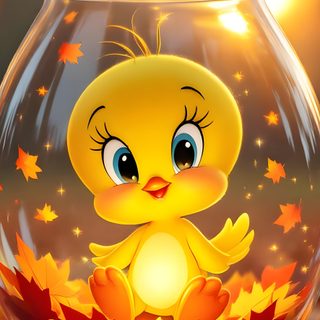 a glass bowl with a little yellow bird in it's center surrounded by leaves Tweety Bird Halloween Iphone Tweety, Halloween, sienna
