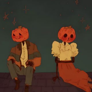two pumpkins sitting on top of each other in front of a night sky with stars Halloween Love Halloween Costume Inspiration, Halloween Illustration Art, Pumpkin-headed Characters Under Stars, dark slate gray