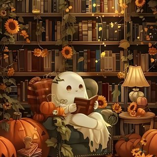 a painting of a ghost reading a book surrounded by pumpkins and bookshelves Halloween Reading Whimsical Fall, Halloween Cute, Fall Animated, Halloween Artwork, saddle brown