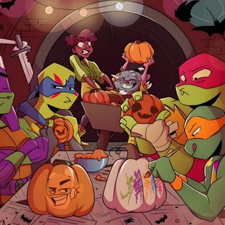 teenage mutant ninjas are sitting around a table with pumpkins and jack - o'- lanterns Tmnt Halloween Tmnt Group Photo, Tmnt Jack O Lantern, Tmnt 2003 Halloween, Tmnt Pumpkin Ideas, saddle brown