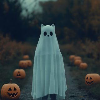 a person in a ghost costume walking down a road with pumpkins Halloween Costumes Halloween Ghost Aesthetic, Halloween Portrait, Halloween Aesthetic Ghost, dark slate gray