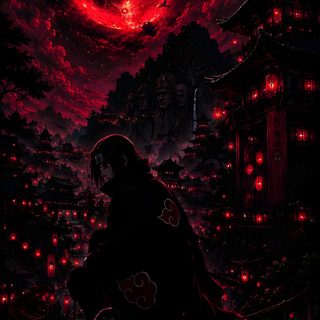 a person sitting in front of a red moon Itachi Uchiha Halloween black